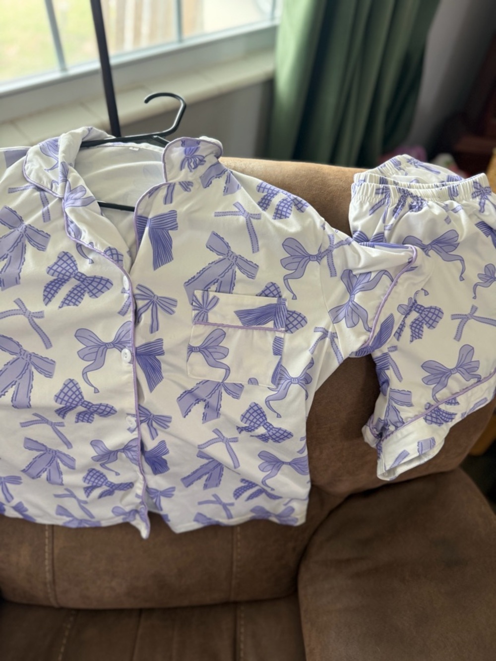 White Pajama Set with Lavender Bow Print